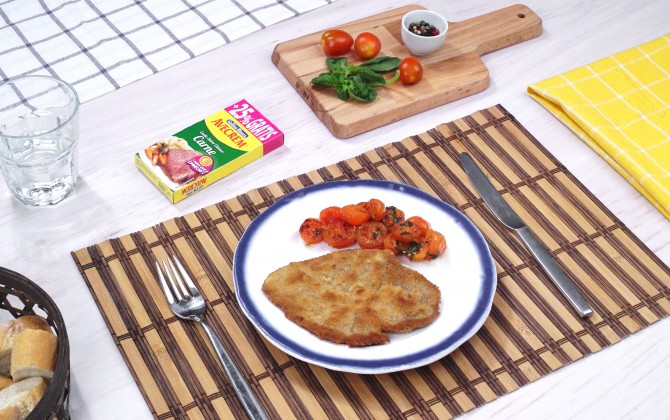 Bodegón con producto filetes de ternera empanados