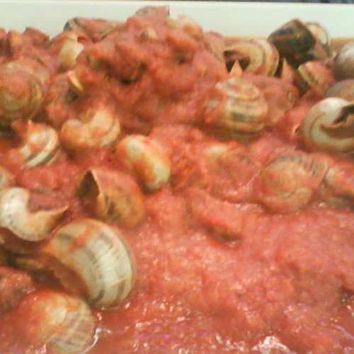 caracoles con tomate y jamón