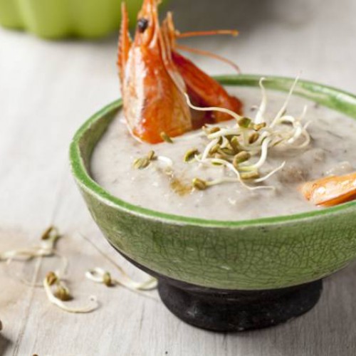 Crema de setas y langostinos