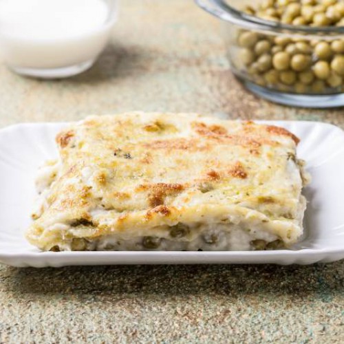 Lasaña de guisantes con queso