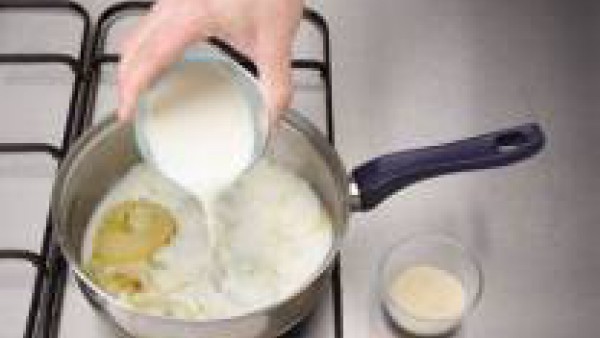 Calienta la mantequilla en una cacerola. Fríe en ella las cebollas a rodajas. Cuando estén doradas, vierte la leche y deja que hierva. Añade el pan rallado y remueve.